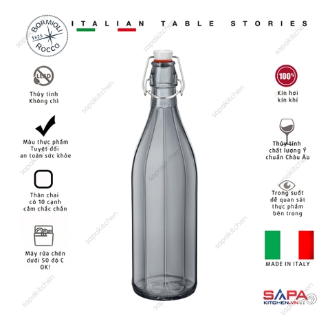 Chai thủy tinh thập giác nắp cài kín hơi Oxford 1L màu xám