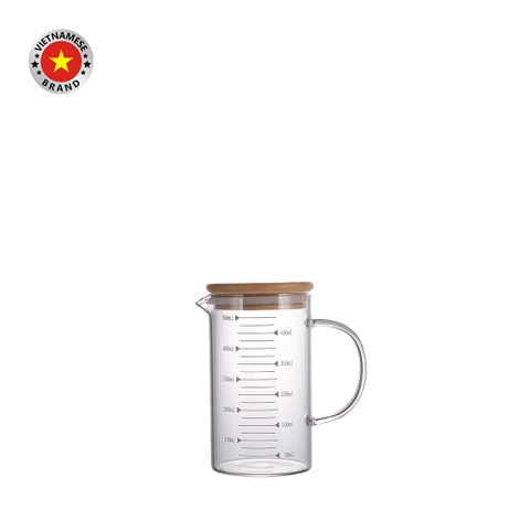 Ca lường, ly đong thủy tinh có quai 500ml nắp tre - SAPATA