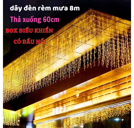 Dây Đèn Chớp Rèm Mưa 8m Thả 60cm Sáng Vàng