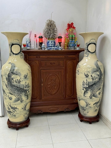 Lục Bình Lý Ngư Vọng Nguyệt 1,57m Gốm Chu Đậu Truyền Thống