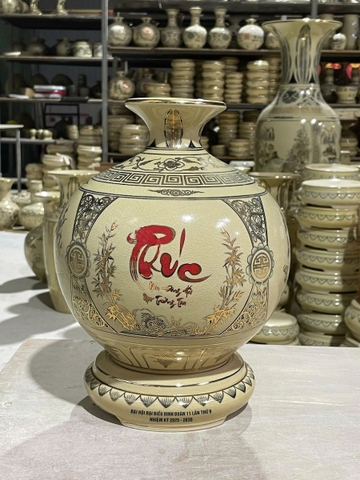 Bình Hút Lộc Tứ Cảnh Chữ Phúc Cao 29,5cm Gốm Vẽ Vàng