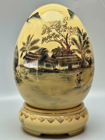 Trứng Tài Lộc Cao 55cm Phong Cảnh Làng Quê Gốm Vẽ Vàng