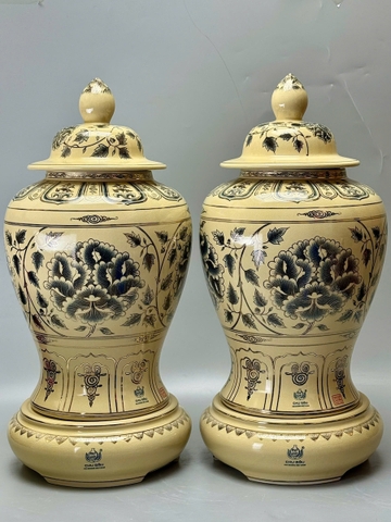 Đôi Choé Hoạ Tiết Hoa Phù Dung Cao 65cm Gốm Chu Đậu Vẽ Vàng