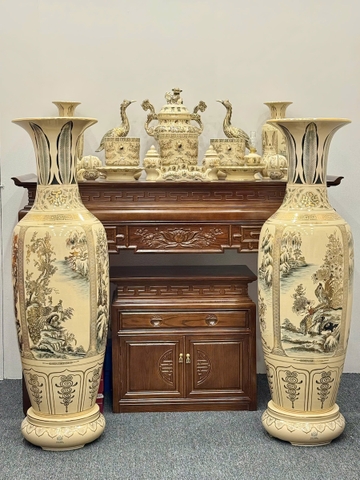 Bộ Đồ Thờ Cho Ban Thờ 1,75m đến 1,97m Bát Hương Rồng Đắp Nổi + Đỉnh Hạc + Lục Bình 1,55m