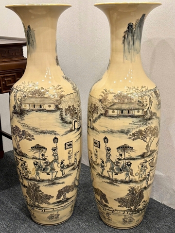 Lục Bình Cao 1,35m Cả Đế Hoạ Tiết Vinh Quy Bái Tổ Gốm Chu Đậu Vẽ Vàng