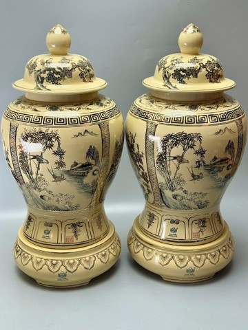 Đôi Choé Cao 72cm Hoạ Tiết Tứ Cảnh Sơn Thuỷ Gốm Chu Đậu Vẽ Vàng 24K