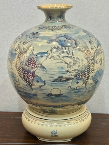 Bình Hút Lộc Lý Ngư Vọng Nguyệt Xanh Coban Nền 3D Cao 55cm Gốm Chu Đậu Vẽ Vàng