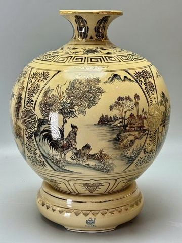 Bình Tài Lộc Tứ Cảnh Sơn Thuỷ Hữu Tình Cao 55cm Gốm Vẽ Vàng