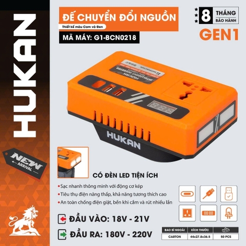 Bộ chuyển đổi nguồn điện HUKAN G1-BCN0218 | Chuyển từ pin 18-21V lên 220V Cắm Được Quạt Điện, Sạc Nhanh, Có Đèn Led