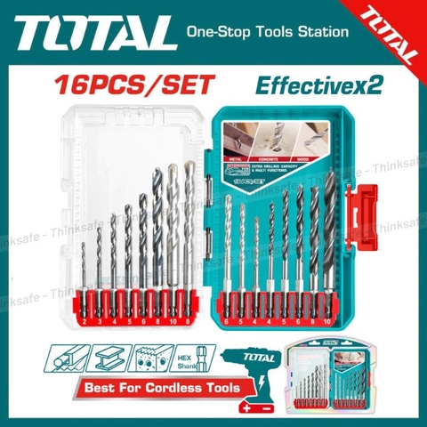 Bộ 16 mũi khoan kim loại, bê tông và gỗ Total TACSDL11608, Chuôi lục giác, Bộ mũi khoan đa năng