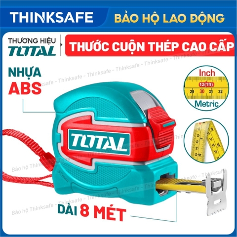 Thước kéo cao cấp TOTAL, Kích thước 5 - 8 mét, Hệ mét và inch, Lưỡi thép phủ nylon 360°, In hai mặt, Móc đôi có nam châm
