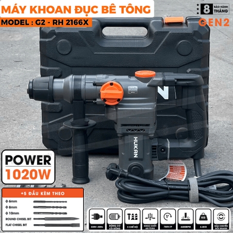 Máy khoan đục bê tông 1020W Hukan G2-RH2166X Lực đập 3.5J Khoan điện 2 chức năng Tặng kèm 2 mũi đục 3 mũi khoan