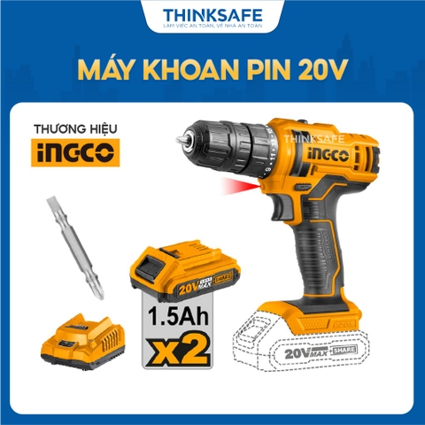 Máy khoan pin Lithium 20V INGCO CDLI20028, Tốc độ 1500rpm, Mô men xoắn 45NM, Điện áp sạc 220-240V, Có đèn LED - Thinksaf