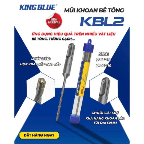 Mũi khoan bê tông chuôi gài 2 cạnh KingBlue KBL2 mẫu mới 3.2-4.2mm chất liệu thép hợp kim khả năng khoan sâu 50mm