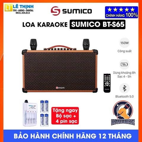 Loa Bluetooth Karaoke Sumico BT-S65 - Công suất 150W -Pin 8 Giờ, Cổng phát lại USB, Tặng Kèm 2 micro UHF