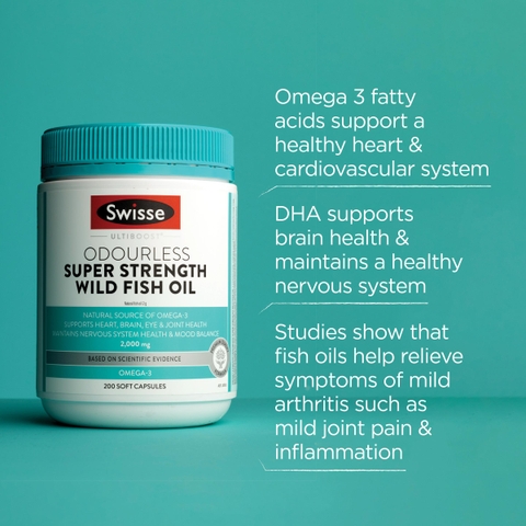 Swisse Ultiboost Odourless Super Strength Wild Fish Oil 2000mg 200 Capsules - Dầu cá tự nhiên Swisse Ultiboost không mùi hàm lượng 2000mg