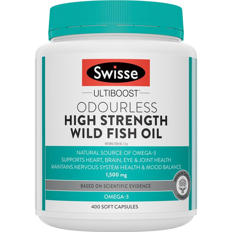 Viên uống dầu cá biển liều cao - Swisse Ultiboost Odourless High Strength Wild Fish Oil 1500mg 400 capsules