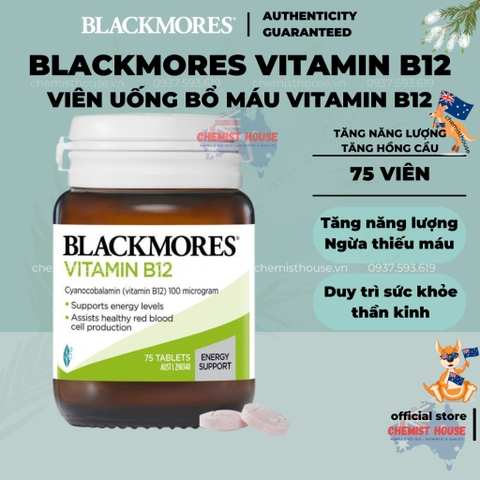 [Hàng chuẩn Úc] Blackmores Viên Uống Bổ Sung Vitamin B12 100mcg hỗ trợ máu hồng cầu tăng năng lượng phù hợp ăn chay