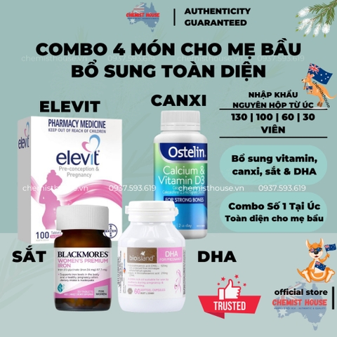 Combo Vitamin cho Mẹ Bầu 4 món (Elevit bầu hồng tổng hợp + DHA Bio Island + Canxi Ostelin + Sắt Blackmores)
