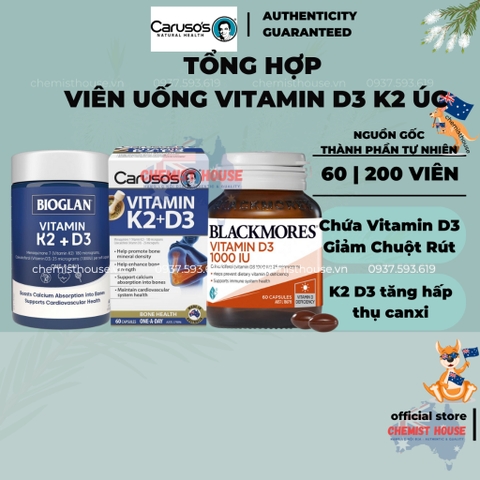 Viên uống bổ sung Vitamin D3 ÚC Blackmores Vitamin D3 1000IU Bioglan Vitamin K2 + D3 Carusos Vitamin K2 + D3