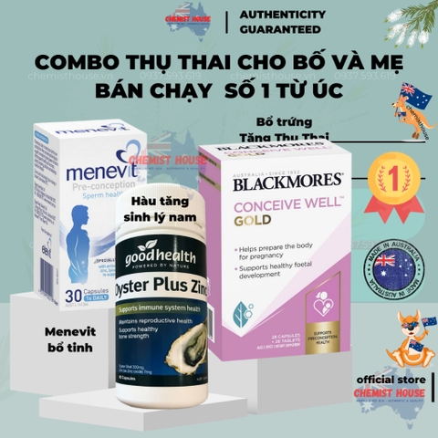 [Hàng chuẩn Úc] Combo Thụ Thai 3 món (Menevit + Hàu Oyster Plus + Blackmores Conceive Well Gold) HSD Xa