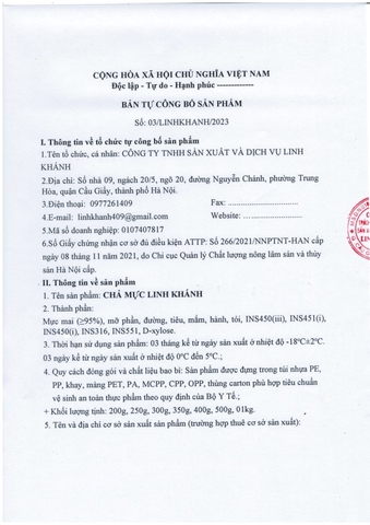 BẢN TỰ CÔNG BỐ VÀ XÉT NGHIỆM SẢN PHẨM CHẢ MỰC LINH KHÁNH