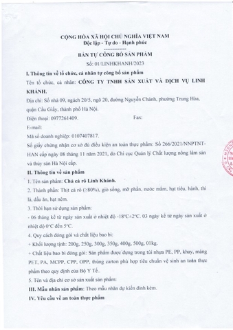 BẢN TỰ CÔNG BỐ SẢN PHẨM CHẢ CÁ RÔ LINH KHÁNH