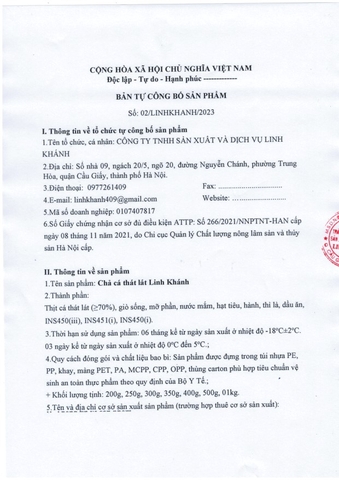 CÔNG BỐ VÀ XÉT NGHIỆM CHẢ CÁ THÁT LÁT LINH KHÁNH