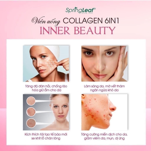 Viên uống Collagen trẻ hóa làn da Collagen 6 in 1 Inner Beauty Spring Leaf giúp đẹp da, trắng da giảm thâm nám 180 viên