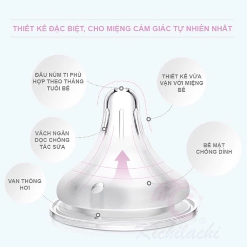 Set 2 núm ti cổ rộng Kichilachi siêu mềm chống sặc chống đầy hơi cho bé trên 8 tháng
