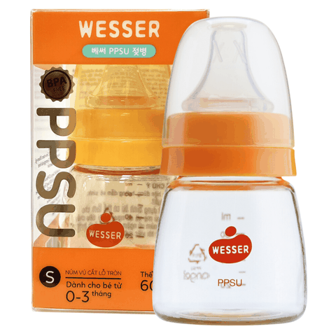 Bình sữa Wesser nhựa PPSU cổ hẹp 60ml núm ti S