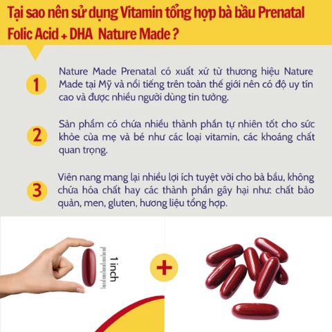 Vitamin tổng hợp bầu Nature Made Prenatal Folic Acid + DHA 100 viên giúp phòng chống dị tật và phát triển hệ thần kinh thai nhi