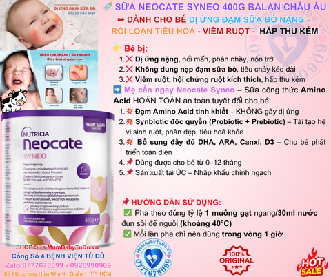 🍼 Sữa Neocate Syneo 400g – Sữa y khoa đặc trị dị ứng đạm sữa bò, hỗ trợ tiêu hóa kém