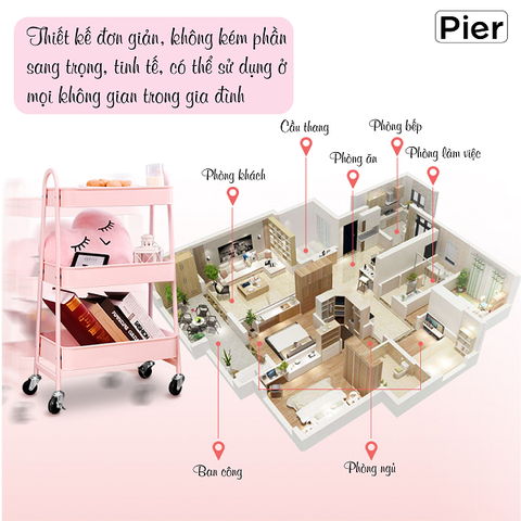 Kệ đa năng Pier 3 tầng có bánh xe, chất liệu thép chống gỉ