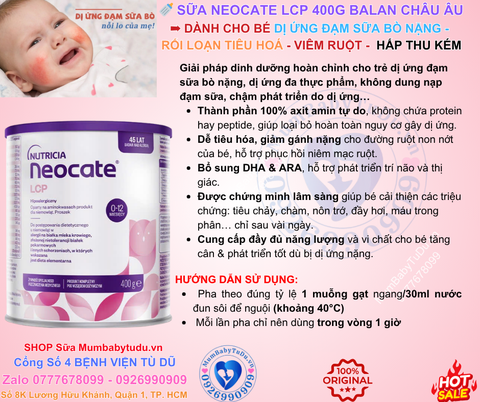 Neocate LCP 400g – Sữa Công Thức Axit Amin Không Gây Dị Ứng Cho Trẻ Sơ Sinh