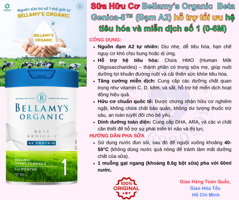 Sữa Hữu Cơ Bellamy’s Organic Beta Genica-8™ số 1 (Đạm A2) cho bé từ 0-6 tháng Hộp 800g