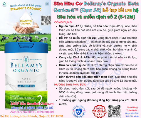 Sữa Hữu Cơ Bellamy’s Organic Beta Genica-8™ số 2 (Đạm A2) cho bé từ 6-12 tháng Hộp 800g