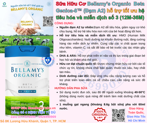 Sữa Hữu Cơ Bellamy’s Organic Beta Genica-8™ số 3 (Đạm A2) cho bé trên 1 tuổi Hộp 800g