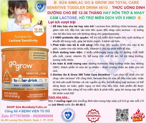 🌟 SỮA SIMILAC GO & GROW 360 TOTAL CARE SENSITIVE TODDLER DRINK 661G – THỨC UỐNG DINH DƯỠNG CHO BÉ 12-36 THÁNG HAY NÔN TRỚ & NHẠY CẢM LACTOSE, HỖ TRỢ MIỄN DỊCH VỚI 5 HMO! 🌟