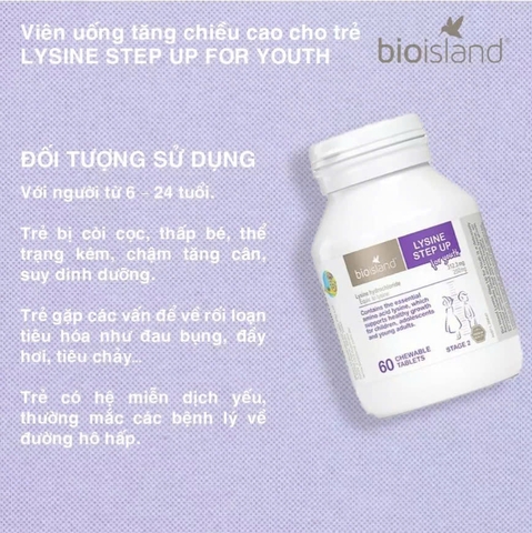 Tăng Chiều Cao Cho Trẻ Từ 6 Tuổi Trở Lên Bioisland Lysine Step Up For Youth 60 Viên Úc – Cao Lớn Vượt Trội, Xương Chắc Khỏe