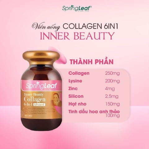 Viên uống Collagen trẻ hóa làn da Collagen 6 in 1 Inner Beauty Spring Leaf giúp đẹp da, trắng da giảm thâm nám 180 viên