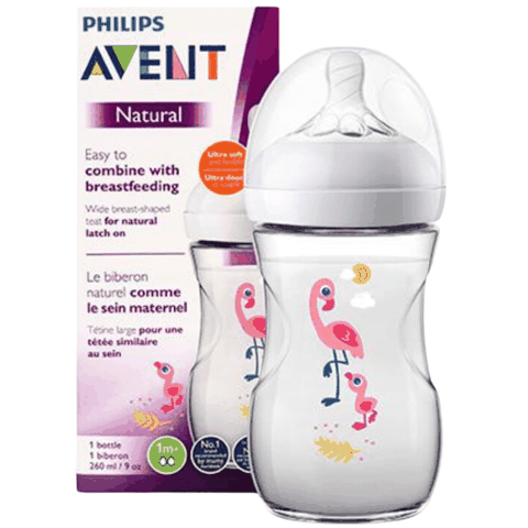 Bình sữa nhựa PP Philips Avent Flamingo cổ rộng mô phỏng tự nhiên 260ml bé từ 1M (SCF627/41)