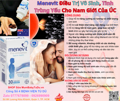 Viên Uống Hỗ Trợ Điều Trị Vô Sinh, Tinh Trùng Yếu Cho Nam Giới Menevit Hộp 30 viên (Úc)
