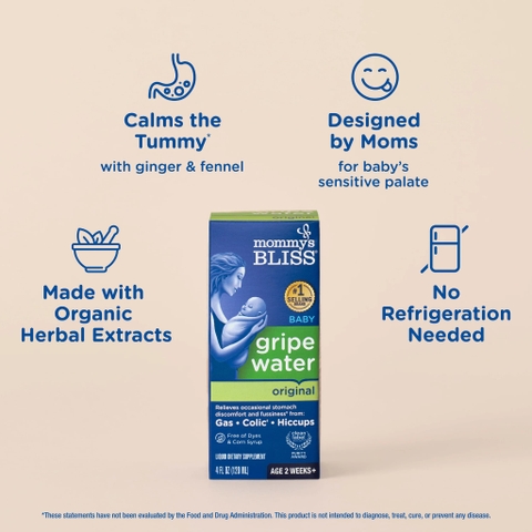 Nước Giảm Đầy Hơi Mommy’s Bliss Gripe Water Original 120ml 2026 – Siro Thảo Dược Dạng Lỏng An Toàn Dịu Nhẹ Làm Dịu Đầy Hơi Đau Bụng Nấc Cụt Quấy Khóc Ở Trẻ Sơ Sinh Chính Hãng Mỹ Giá Rẻ Không Chất Bảo Quản Không Paraben