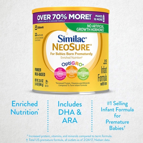 Sữa bột Similac Neosure Infant cho bé sinh non, thiếu tháng, nhẹ cân 0-12 tháng 371g