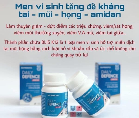 Men vi sinh tai mũi họng Amidan - BLIS K12 PROBIOTICS DAILY DEFENCE JUNIOR (45g) - tăng đề kháng đường hô hấp
