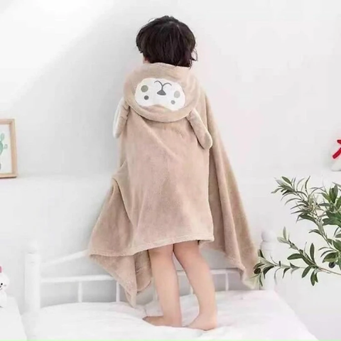 Chăn ủ choàng tắm lông mềm mịn mũ in hình thú cho bé ở nhà hoặc đi biển