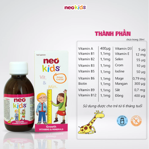 Siro ăn ngon Neo Kids Growth - 19 Vitamin, khoáng chất giúp bé yêu đủ chất cao lớn mỗi ngày 150ml