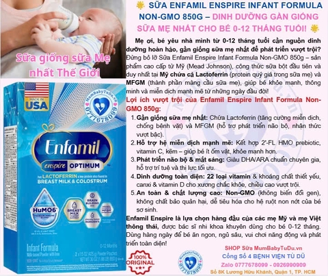 🌟 SỮA ENFAMIL ENSPIRE INFANT FORMULA NON-GMO 850G – DINH DƯỠNG GẦN GIỐNG SỮA MẸ NHẤT CHO BÉ 0-12 THÁNG TUỔI! 🌟