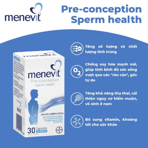 Viên Uống Hỗ Trợ Điều Trị Vô Sinh, Tinh Trùng Yếu Cho Nam Giới Menevit Hộp 30 viên (Úc)